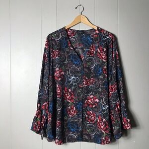 SIMPLY EMMA BLACK BOLD FLORAL PATTERN BUTTON FRON BLOUSE BELL CUFF WOMENS 3X